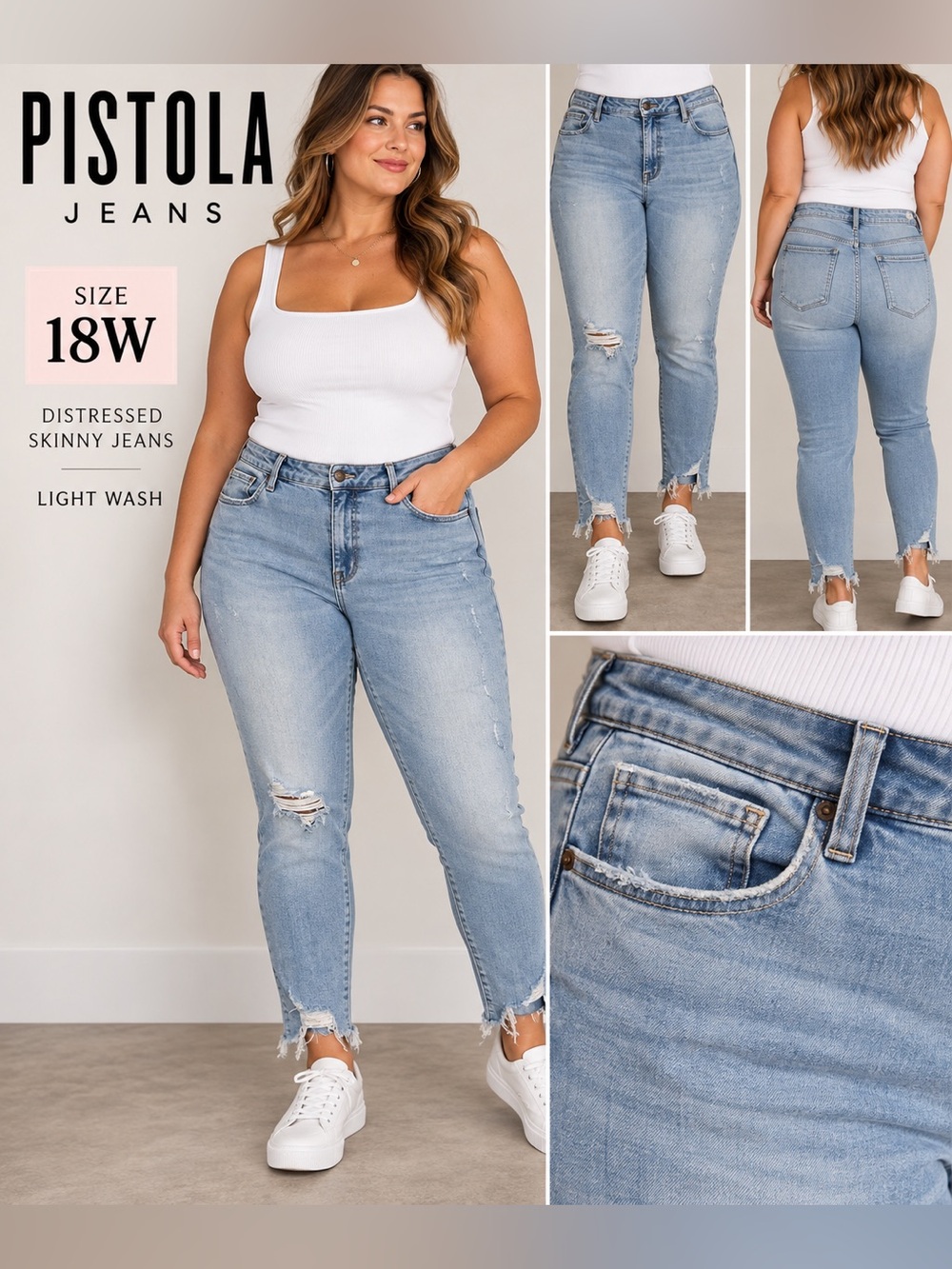 Pistola 18W Light Wash Distressed Skinny Jeans Frayed Hem